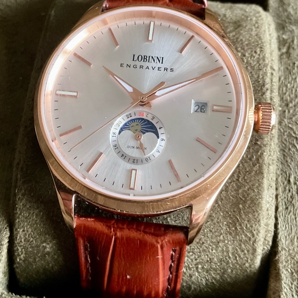 Mint Rose Gold Automatic 40mm Lobinni Moon Phase Date Original Box/Manual